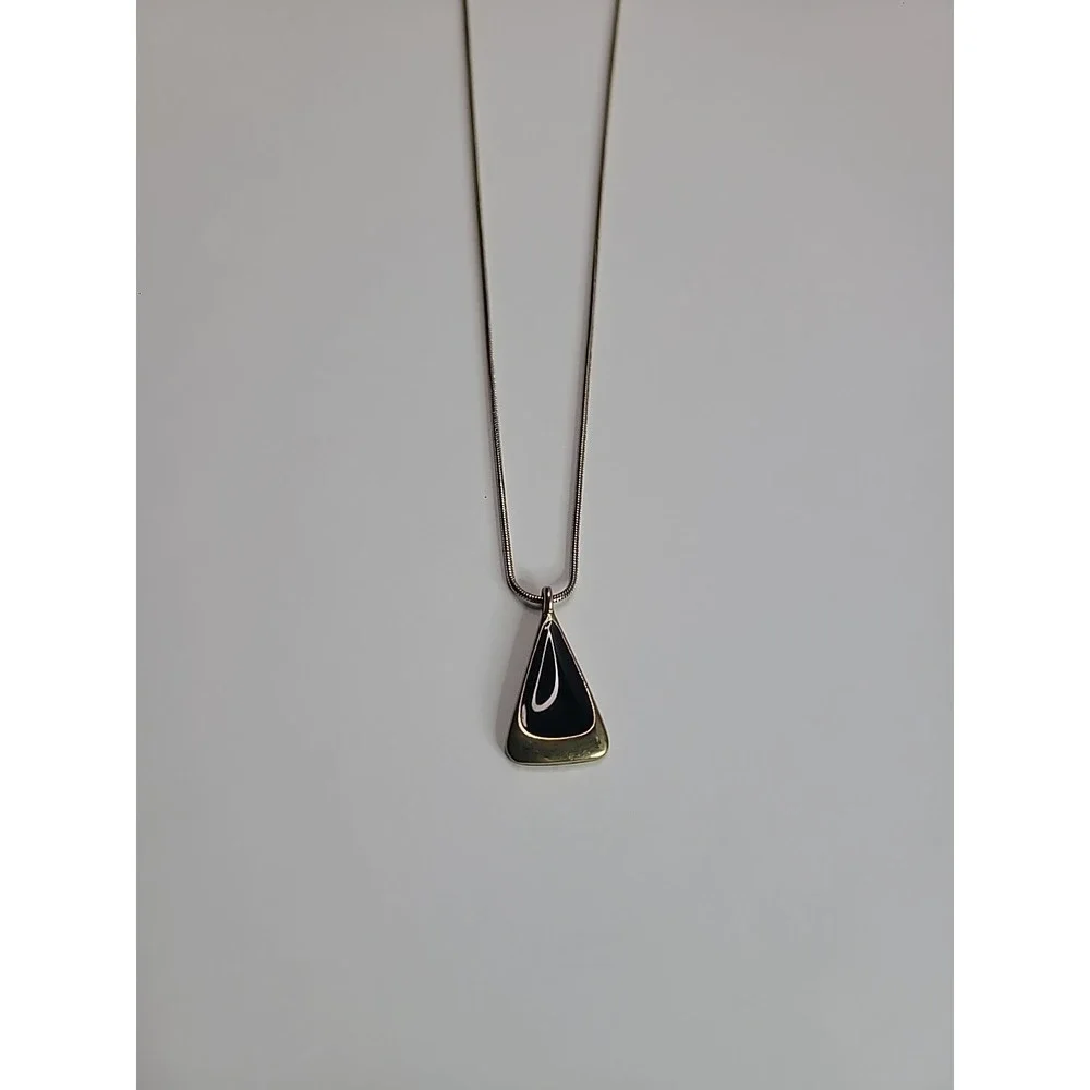 Vintage Gold Tone Black Enamel Geometric Pendant Necklace Snake Chain Minimalist